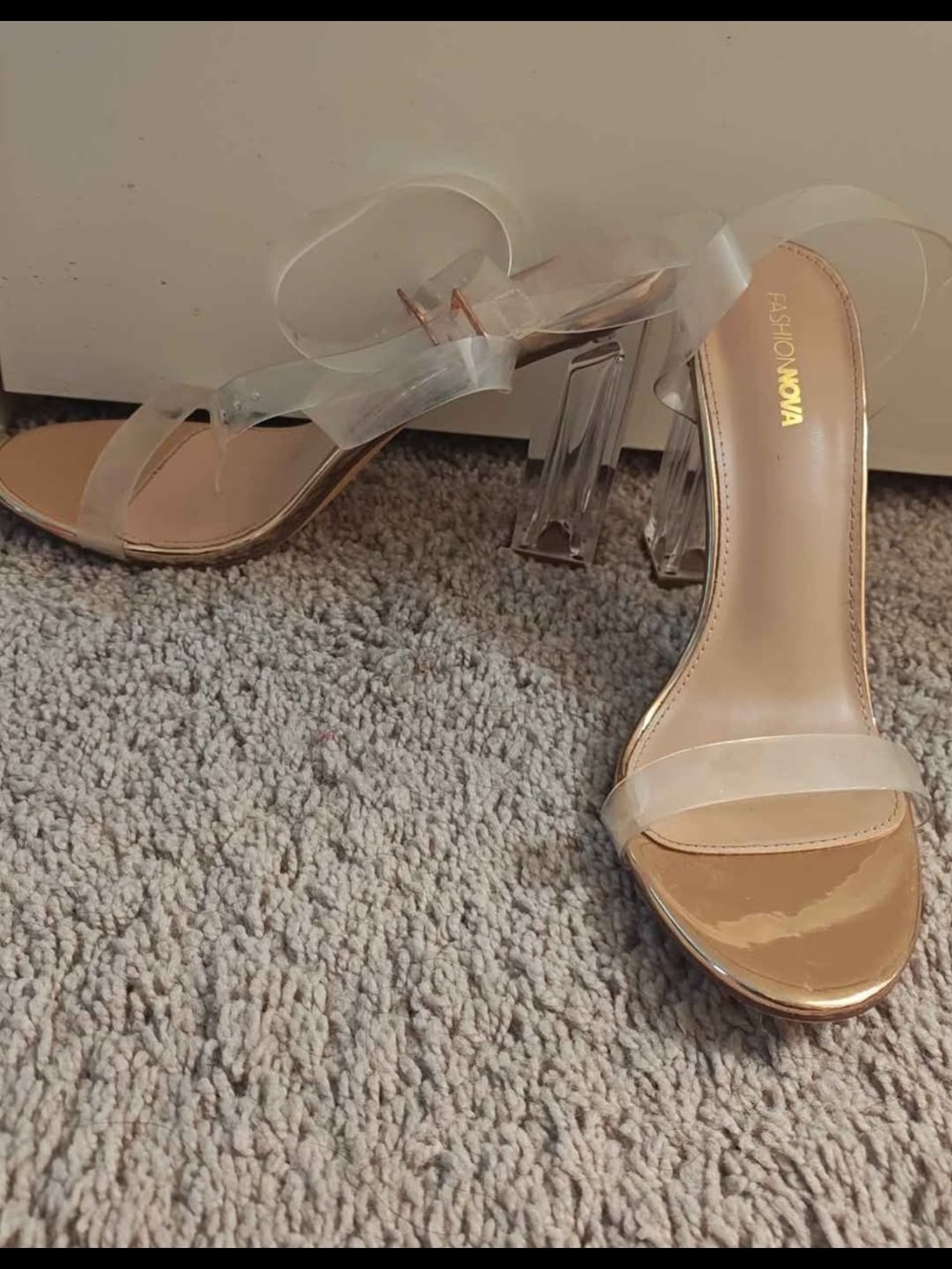 Fashion Nova Nude Patent & Clear Strappy Block Heel Sandals